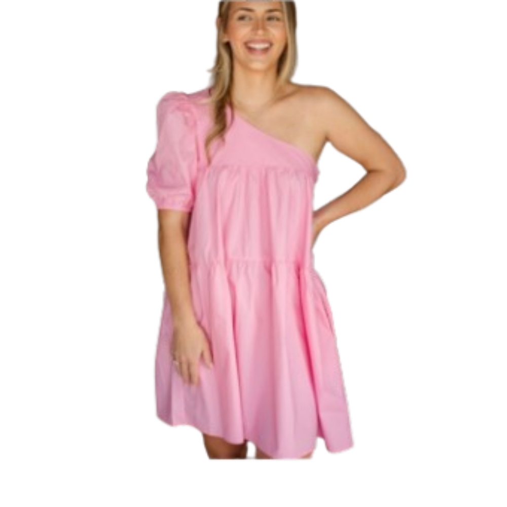 ​NWT Things Between Pink One Shoulder Cotton Poplin Mini Babydoll Dress Small